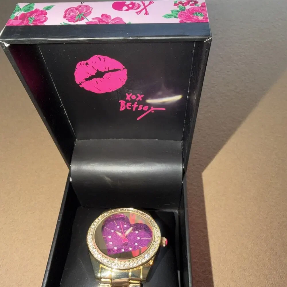 Betsey Johnson Women’s Watch Link Band and Purple Glitter Heart w Crystals-